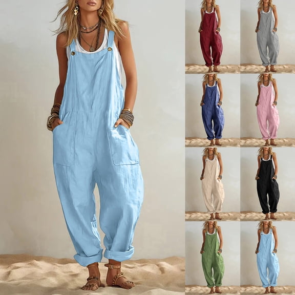 Miluxas Womens Jumpsuit Sleeveless Casual Summer Overalls Jumpers Adjustable Strap Baggy Wide Leg Long Pants Rompers with Pockets Wine