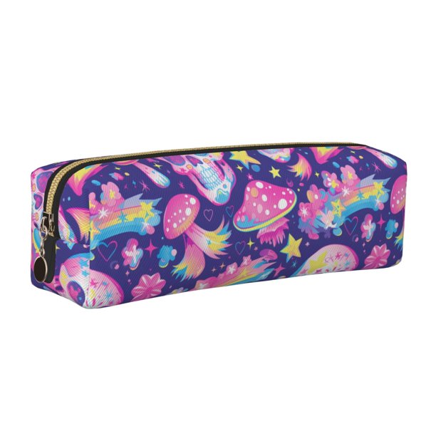 Easygdp Skull rainbow mushroom colorful para Estuche de Lápices de Cuero, Estuche de Papelería de Cuero, Estuche de Gran Capacidad con Cremallera