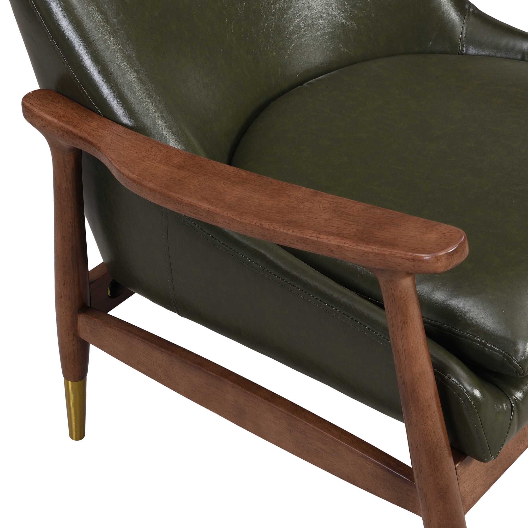 Astrid Mid-Century Modern Accent Chair With Faux Leather Upholstery, Solid Wood Frame, Brass-Tipped Legs, Wasabi Green