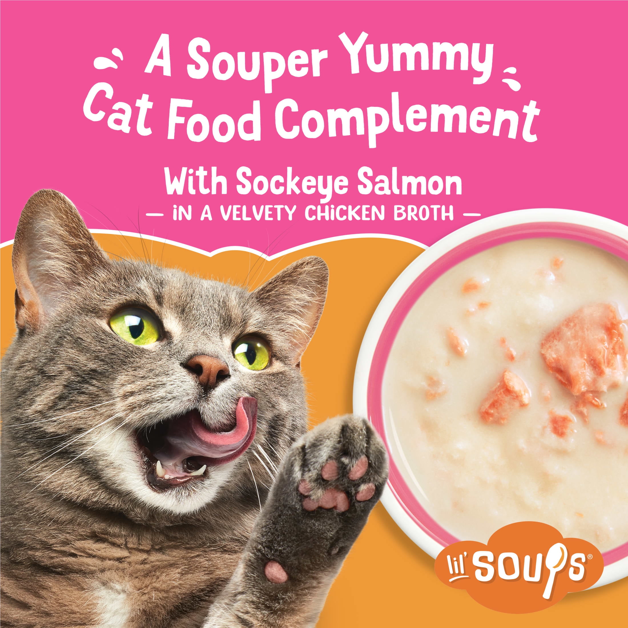 Purina Friskies Grain Free Lickable Cat Food Toppers Lil’ Soups With Sockeye Salmon in Chicken Broth, 1.2 oz Cups