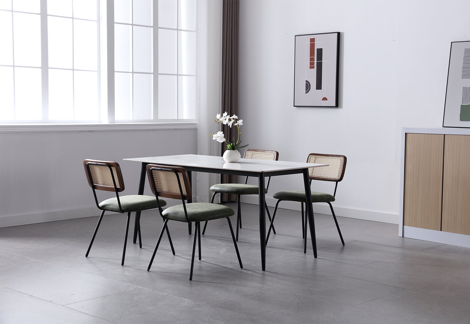Dayalane Rattan Dining Chairs Set of 4, Leather Upholstered Kitchen Chairs with Cane Back, Mid-Century Modern Armless Dining Side Chairs with Metal Legs for Dining Room Living Room Restaurant, Green