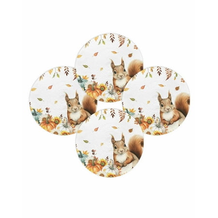 Fall Round Placemats Set of 4 Pumpkin Squirrel Place Mats Thanksgiving Woven Placemat Sunflower Autumn Maple Leaves Circle Braided Table Mat for Kitchen Dining Table Autumn Party Home Decor 15 Inch