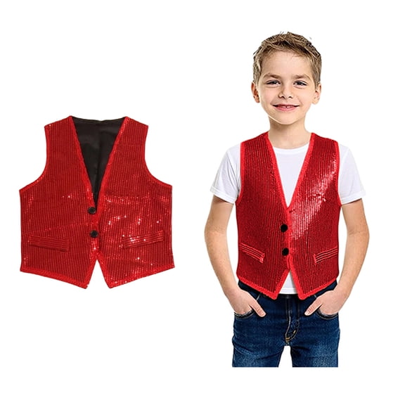 Kids Sequin Vest Kids Girls Boys Sleeveless Red Vest Sparkly Vest -Hop Dance Shirts Disco Stage Performance 3-5 Years