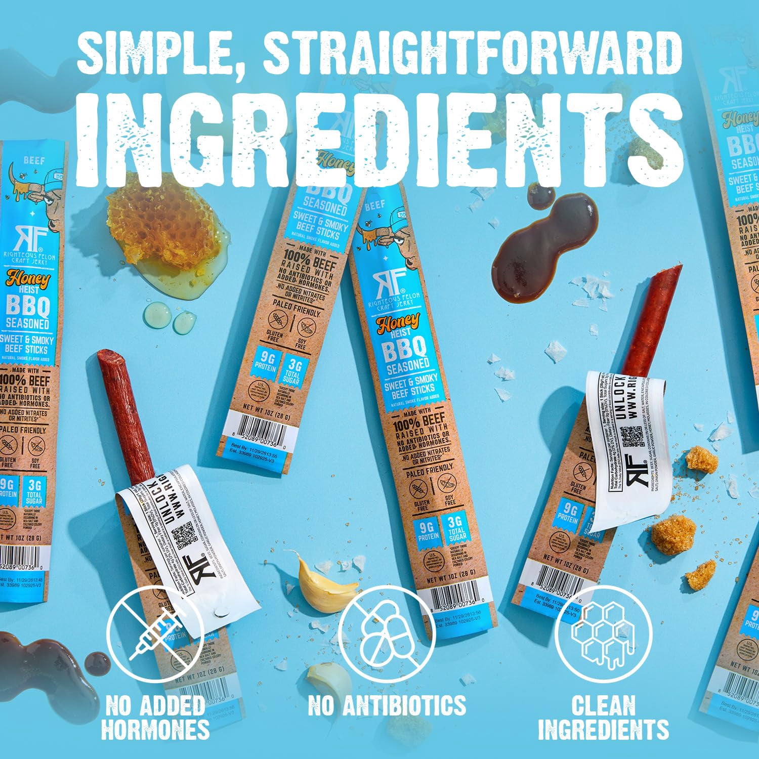 Righteous Felon Grass-Fed Meat Sticks - Low Sugar, High Protein Beef - Honey Heist BBQ, 10 pack