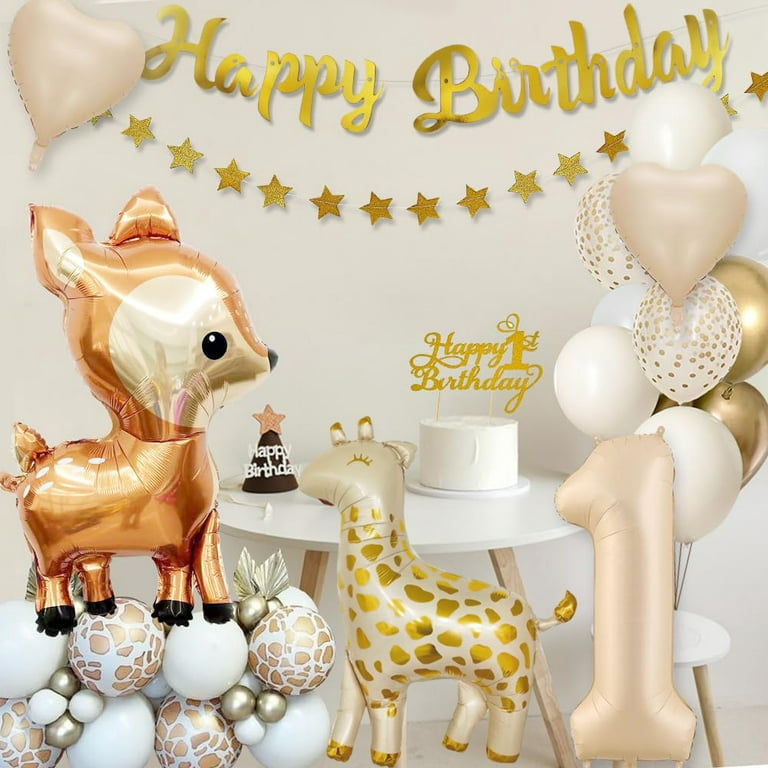 1st Birthday Decorations, Boho First Birthday Decoration, Giraffe Theme Party Decoration with Deer Foil Balloon, Beige Number 1 Balloon, Beige White