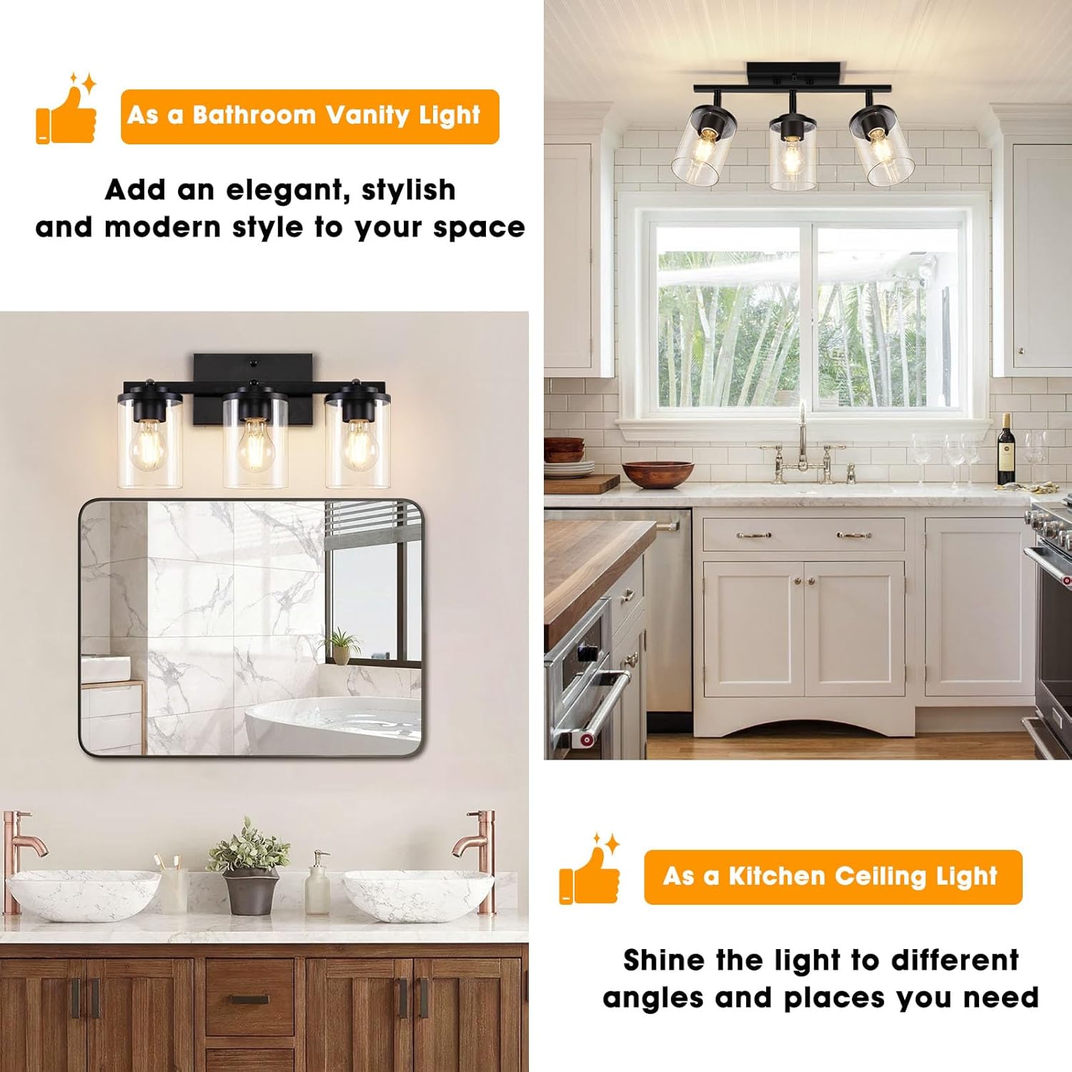 3-Light Track Lighting Kit Black Track Lighting Fixtures Bathroom Wall Sconces Ceiling Mount Kitchen Tracking Lights Rotatable Spotlight with Clear Glass Shade for Kitchen Shop Hallway