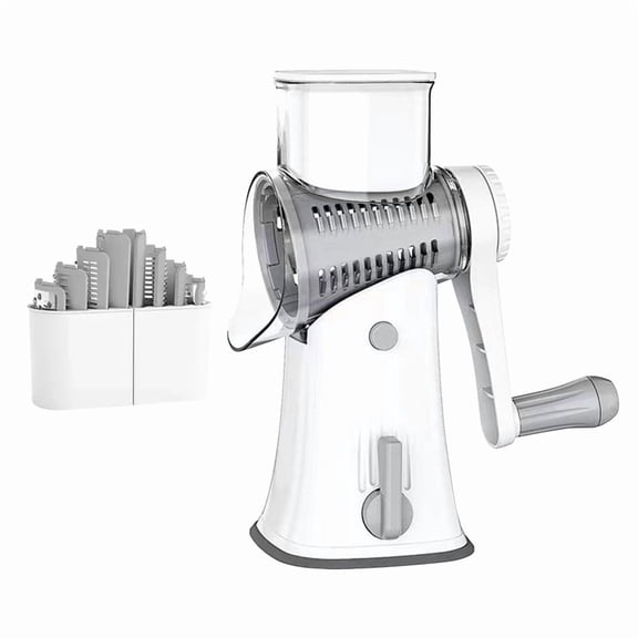 Rotary Cheese Grater with 5 Interchangeable Stainless Steel Blades - Hand Crank Vegetable Slicer, Cheese Shredder, Suction Base Kitchen Grater - White