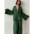 thumbnail image 2 of Two-piece solid color off-shoulder long-sleeved wrap top paired with high-waisted wide-leg pants suit-Green-L, 2 of 6