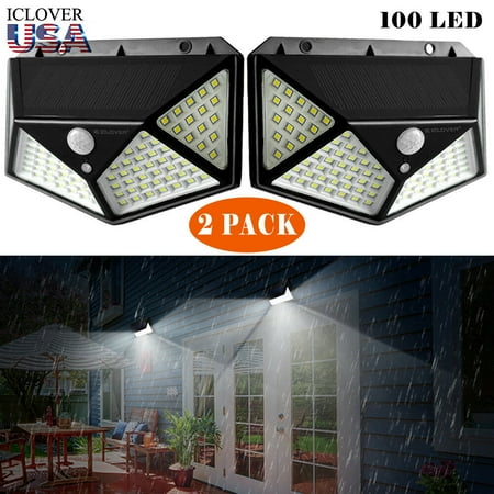 Outdoor Solar Powered Wall Light [2 Pack],iClover 100 LED Solar Lights Outdoor Motion Sensor with [270°Wide Angle] [3 Modes], Wireless Waterproof Wall Lamp for Garden, Patio,