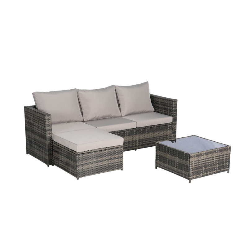 3-Piece Patio Furniture Set with Coffee Table, Outdoor L-Shaped Sectional Sofa Set with Ottoman, Wicker Outdoor Conversation Set for Backyard Poolside
