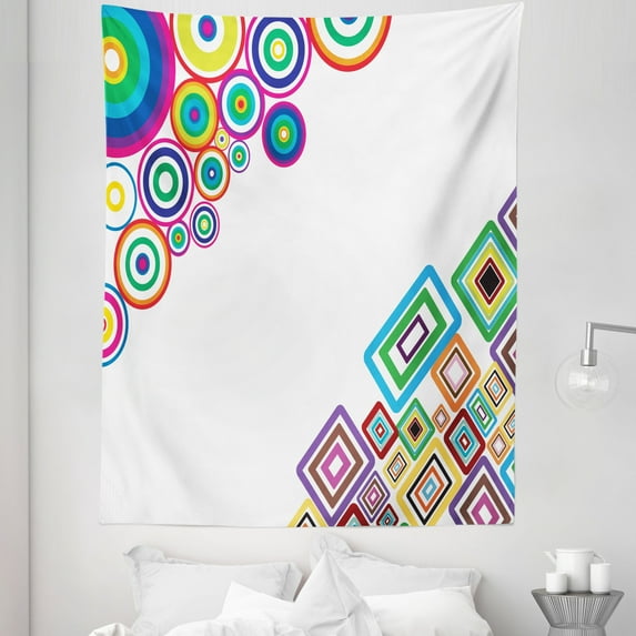 Abstract Tapestry, Circle and Square Rectangle in Colorful Design Image Minimalist Geometric, Fabric Wall Hanging Decor for Bedroom Living Room Dorm, 5 Sizes, Multicolor, by Ambesonne