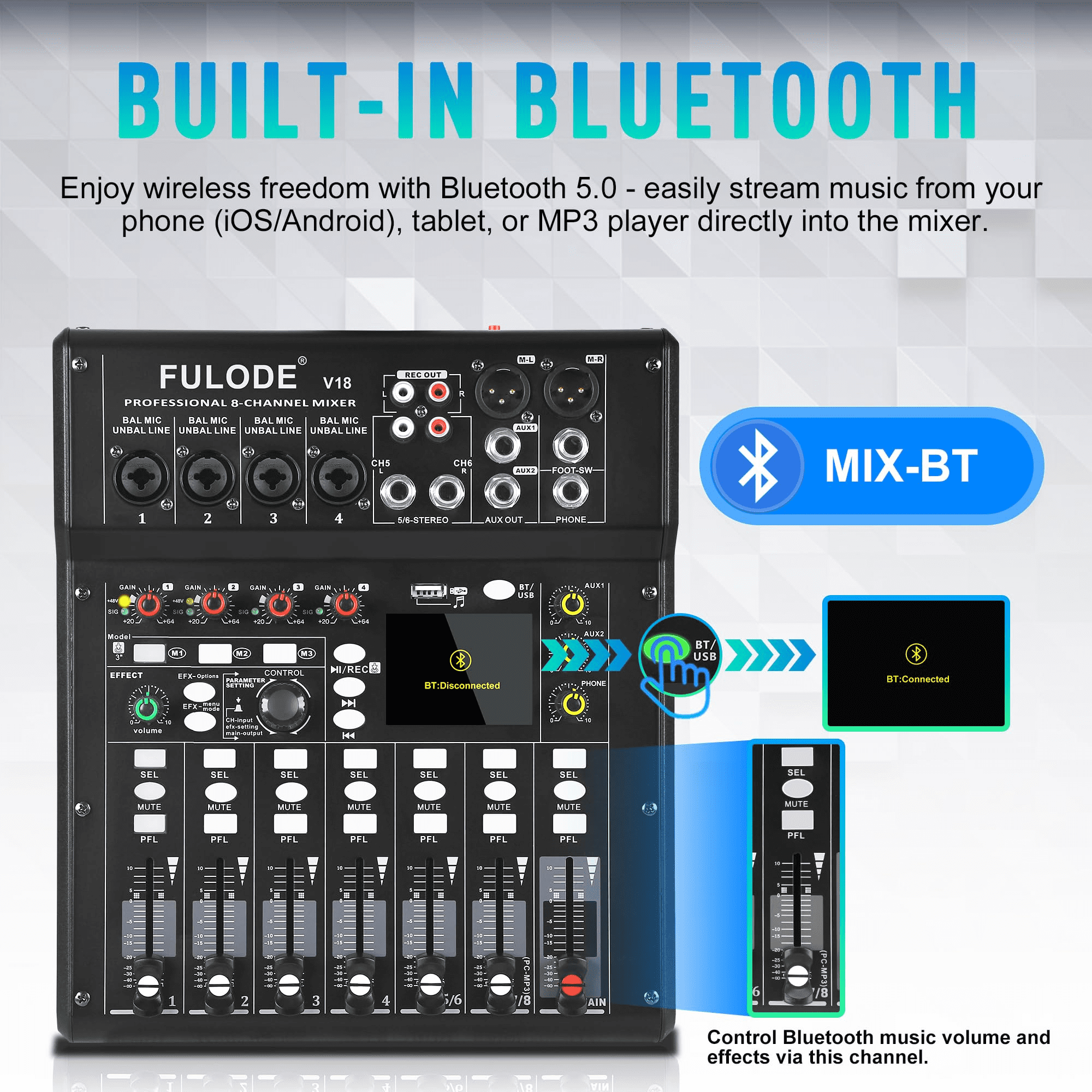 Digital Mixer 8 Channel Compact Audio Mixing Console with 16 DSP Effects, Professional 6-Band EQ DJ Music Sound Mixer with 2.0 USB Port, Bluetooth & PC Debugging for Recording Live Performance