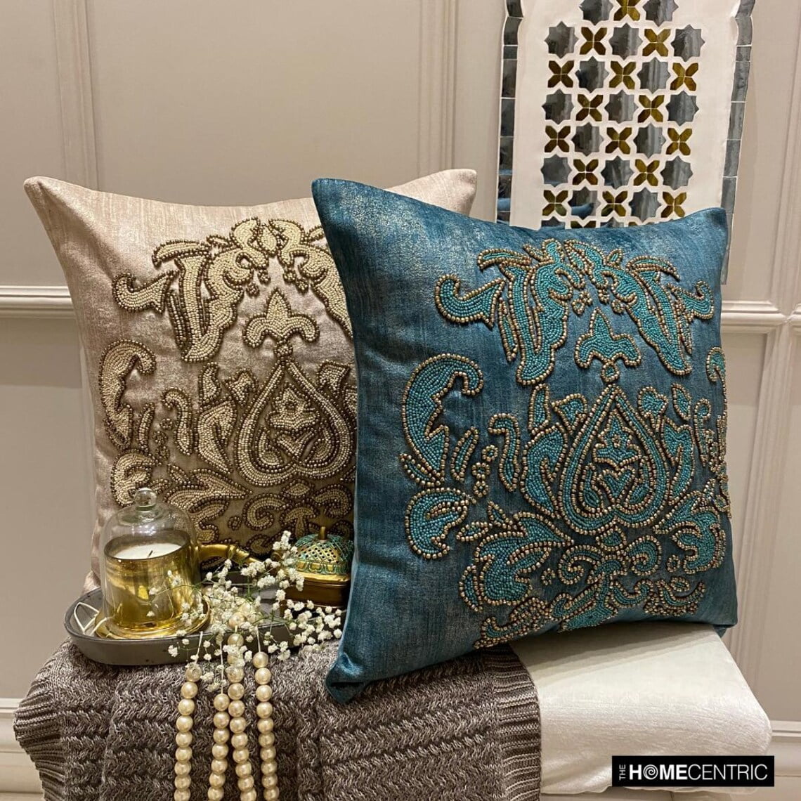 The HomeCentric Pillow Case Shams, Decorative Gold Pack of 2, 26x26 inch (65x65 cm) Throw Pillow Covers, Velvet Beaded, Damask & Foil Throw Pillows For Sofa, Abstract Victorian Style - Aureate Ivory