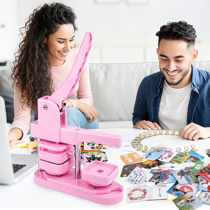 Square Button Maker Machine with 100 Sets of Button Supplies Parts, 50 * 50mm Hand Press Pin Badge Making DIY Craft Items, Pink