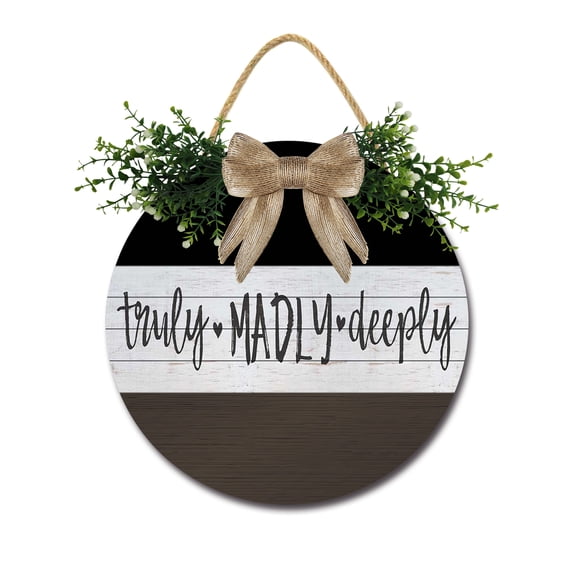 Front Door Porch Decorations Truly Madly Deeply Door Hanging Sign 12 inch Wooden Wall Sign, Rustic Holiday Wreath Decor for Front Door Porch Home Window Wall Farmhouse Decorations
