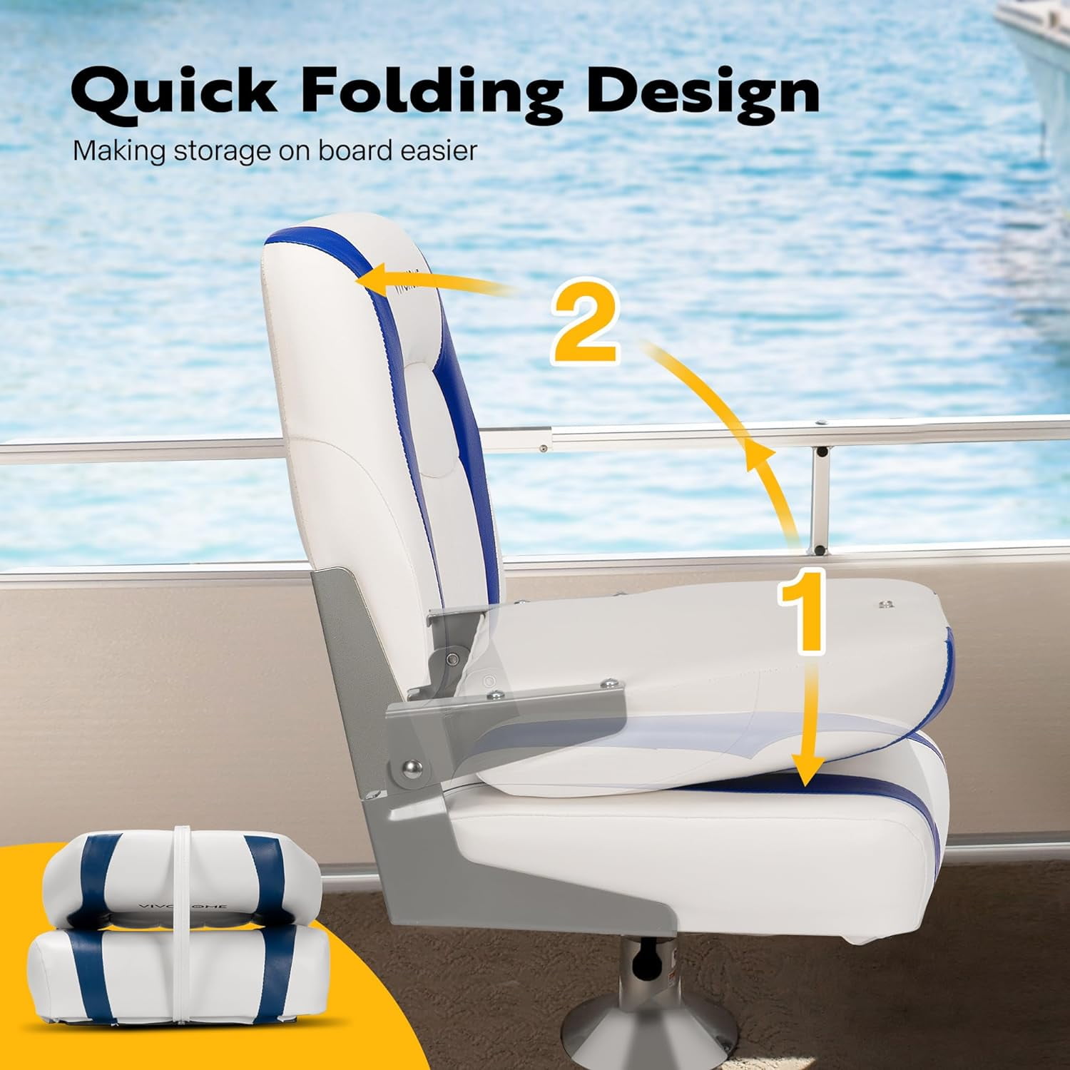 SPECSTAR Folding Low Back Boat Seats 2 Pack, Waterproof Boat Captain Chairs, 4 Mounting Screws Included, White and Blue
