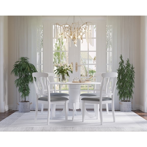 Home Design Olivia 5-Piece Dining Set, Round Table with 4 Cushioned Chairs, Mid-Century Modern Style, White, Gray/White