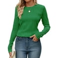 thumbnail image 2 of Long Sleeve Tee Shirts for Women Casual Loose Crewneck Ribbed Knit Blouse Trendy Fall Pullover Green M, 2 of 8