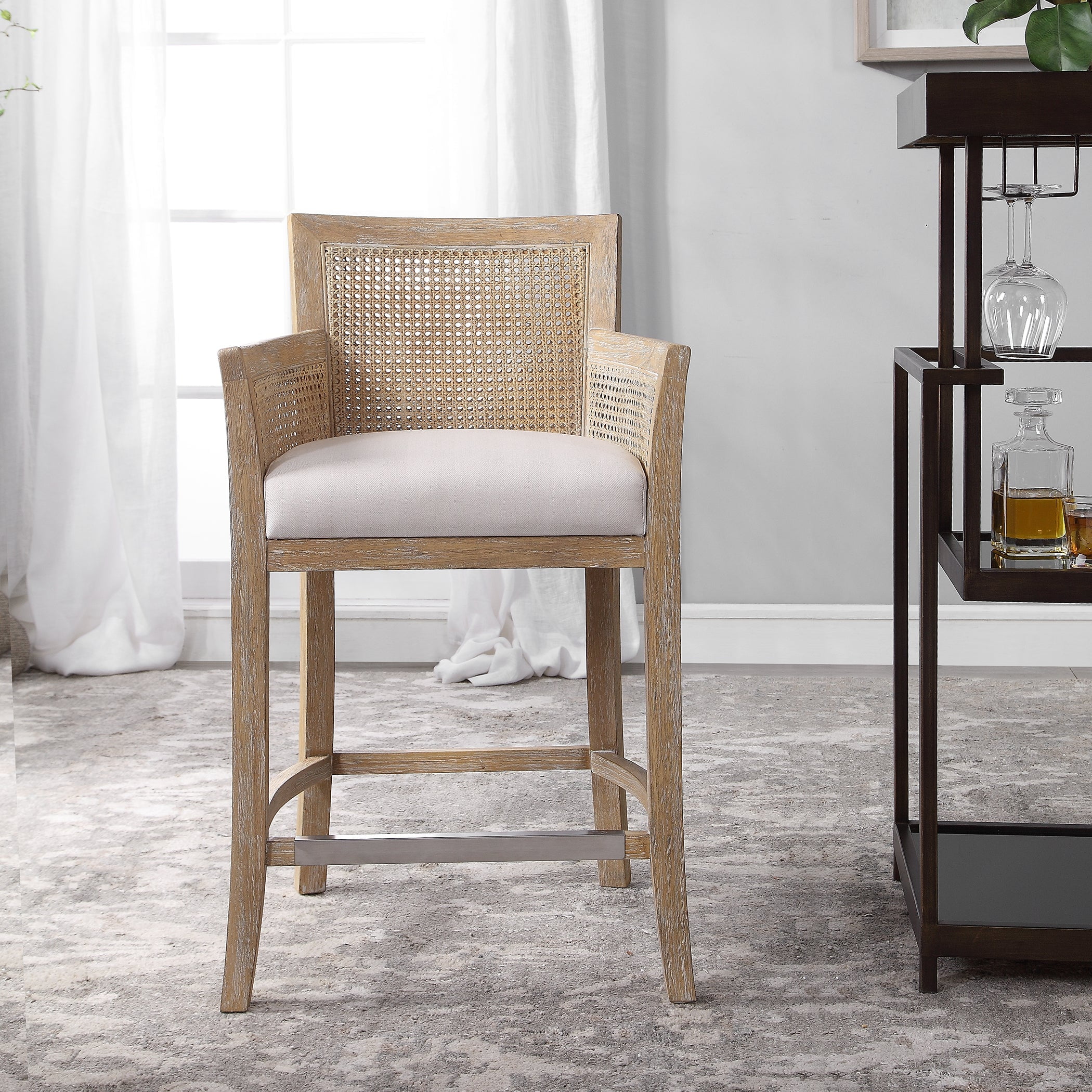 Coastal White Wood and Metal Counter Stool with Off-White Cushion