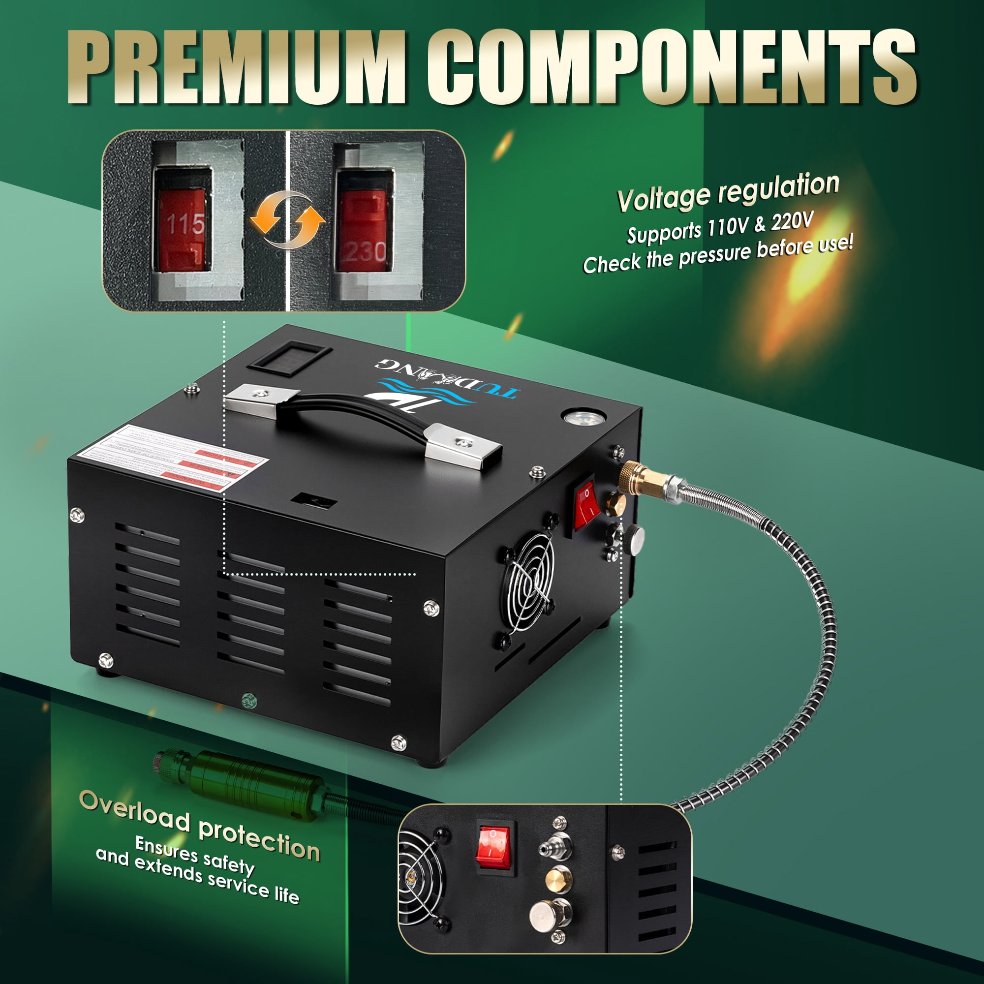 TUDIVING 4500 PSI PCP Air Compressor, Portable 12V DC/110V AC Air Pump with Built-in Converter, Oil-Free for PCP Air Rifles