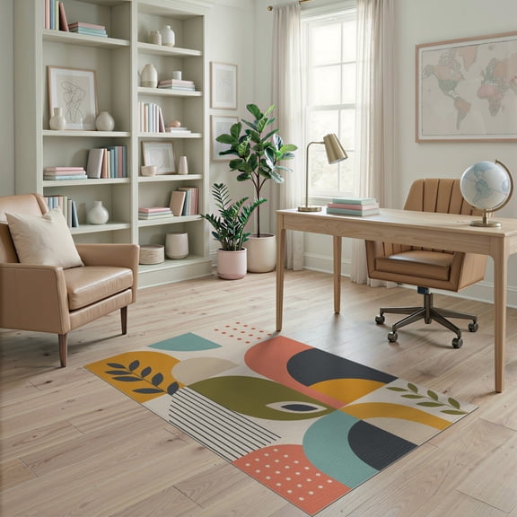 ODIKA 4'x6' Multicolor Geometric Mid-Century Geometry Washable Area Rug Retro Abstract Design with Modern Flair for Bedroom, Reading Nook, Pet Friendly & Non-Shedding