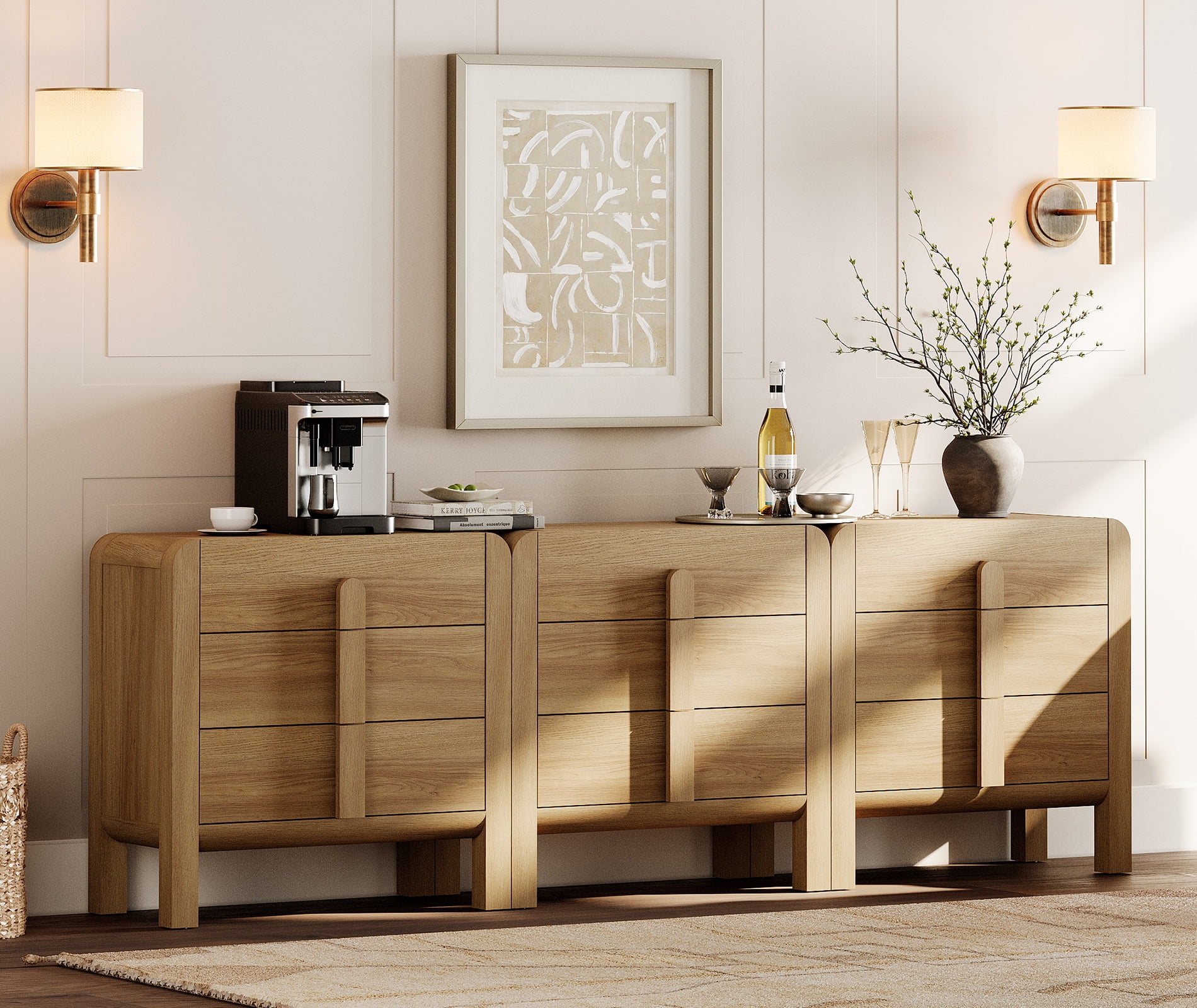 Dresser for Bedroom, Mid Century Chest of Drawers with Storage, 9 Drawer Dresser with Curved Profile Design, Wooden Modern Dresser for Living Room, Bedroom, Entryway
