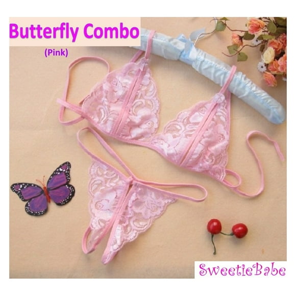 S110301 Pink Sexy Lingerie lace Open Bra Open Crotch Underwear T-Back Bikini 1set