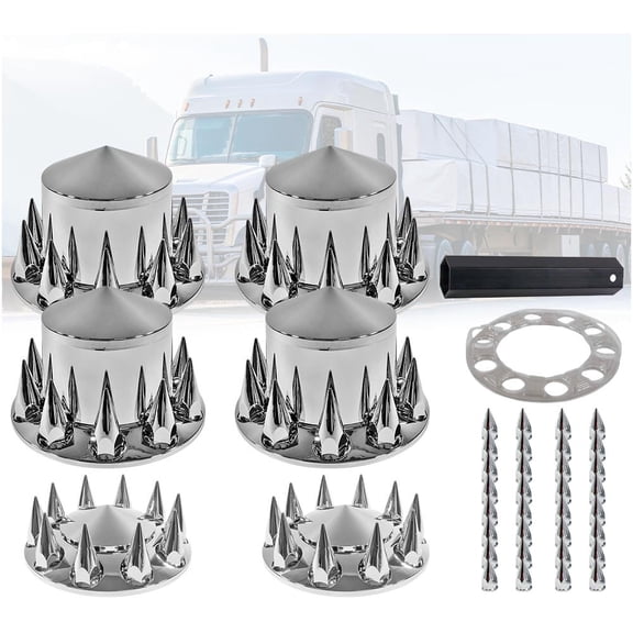 Complete Wheel Chrome Axle Cover Set - 33mm Spike Lug Wheel Nut Covers for Semi Truck, Frightliner, Volvo - Spiked Hub Caps Kit (2 Front & 4 Rear) - Installation Tool Included