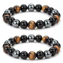 BFGFGO Natural Stone Hematite Tiger Eye Beads Triple Protection Bracelet, Set of 2 (10MM)