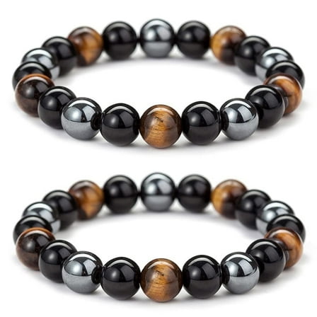 BFGFGO Natural Stone Hematite Tiger Eye Beads Triple Protection Bracelet, Set of 2 (10MM)