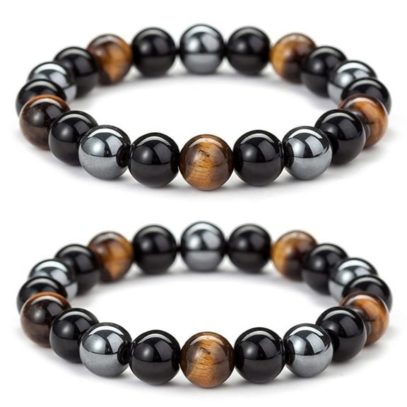 BFGFGO Natural Stone Hematite Tiger Eye Beads Triple Protection Bracelet, Set of 2 (10MM)
