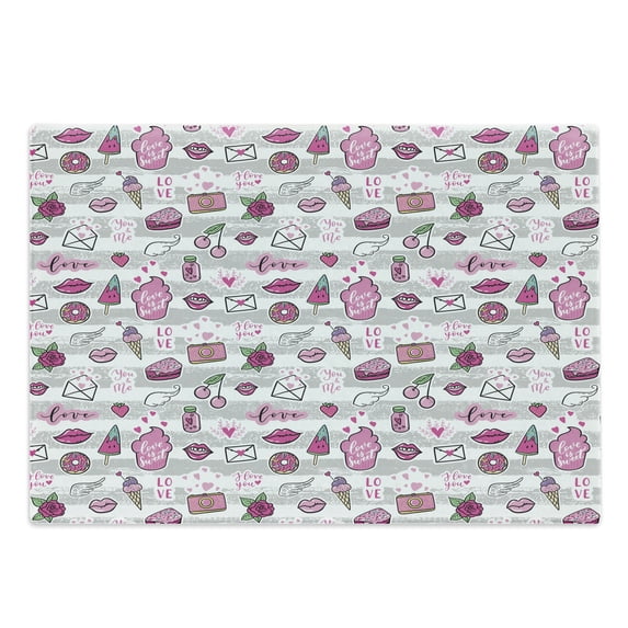 Emoticon Cutting Board, Memphis Doodle Lip Star Strawberry Speech Bubble on Stripe Pattern, Decorative Tempered Glass Cutting and Serving Board, Large Size, Pale Grey White Magenta, by Ambesonne