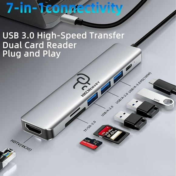 JUNXIAO-USB C Hub 7-in-1 with 4K HDMI Splitter, 100W PD Charging, USB 3.0/2.0 Ports, SD/TF Card Reader & USB-C Data, Multi-Port Adapter Dongle for MacBook Pro/Air, iPad Pro, Dell XPS, Steam Deck