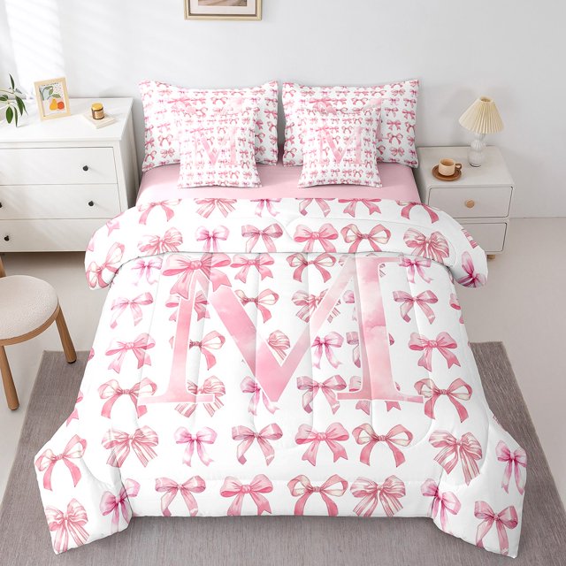 Erosebridal Kawaii Bowknot Bedding Queen Size,Monogrammed Letter Comforter Sets with Sheets,Inital Alphabet Bedding Sets Queen Size,Lightweight Cartoon Room Decorative,Reversible,7 Pieces