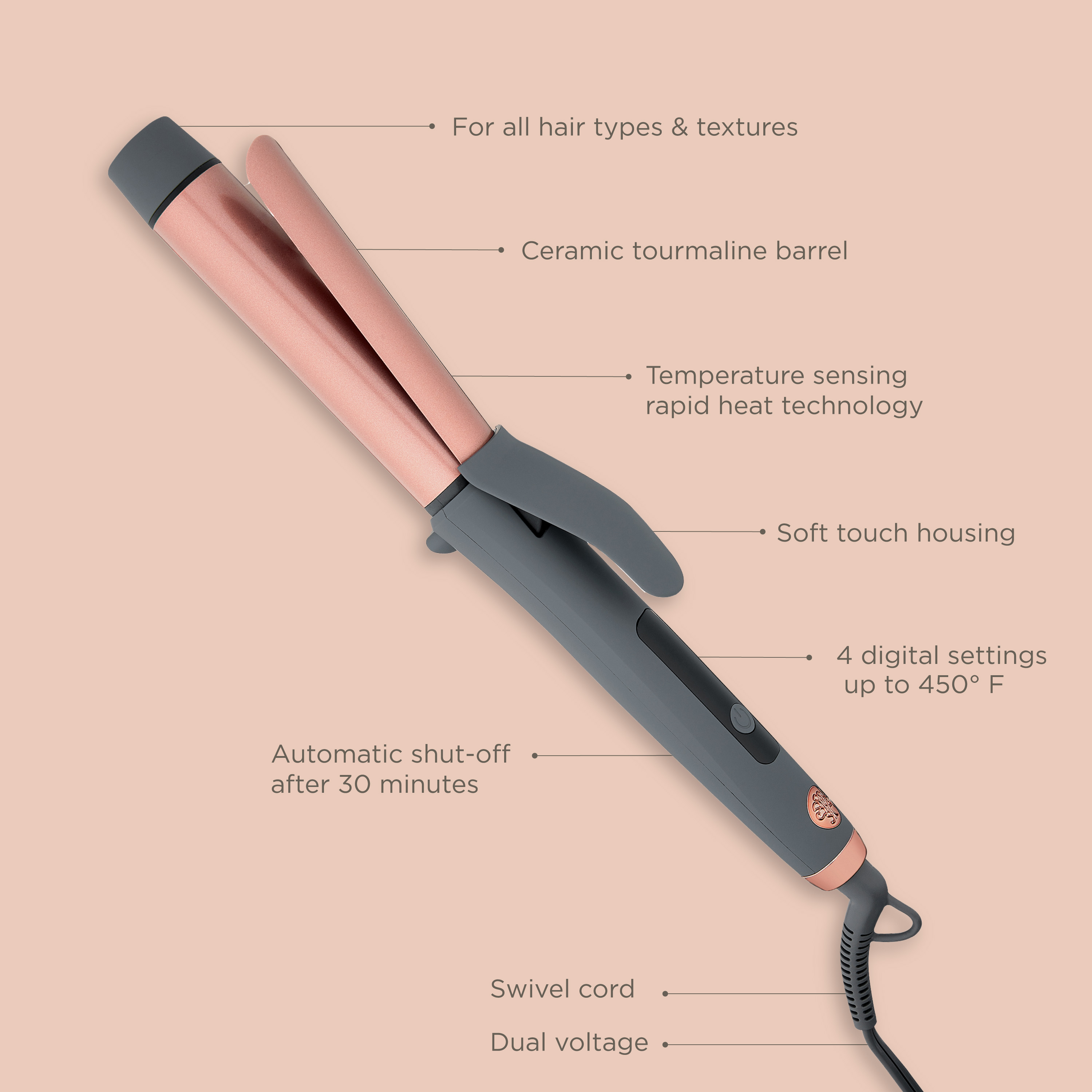 Hairitage Curl Envy Hair Curling Iron 1 1/4 Inch | Ceramic Tourmaline Curling Iron 1.25" Barrel | 4 Digital Heat Settings - image 5 of 13