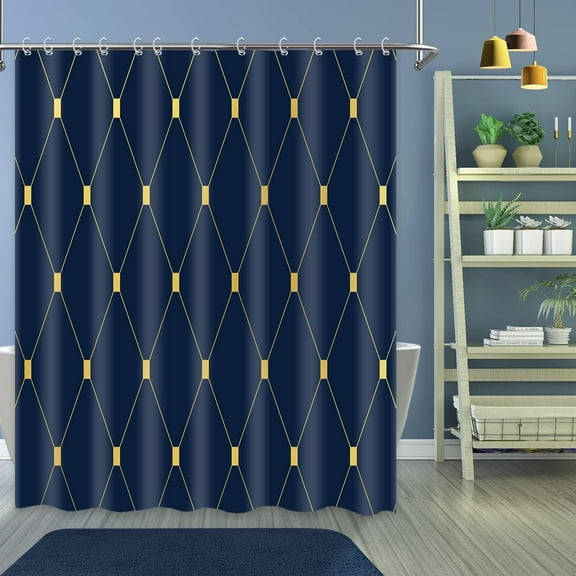 Navy Blue and Gold Shower Curtain, Modern Striped Shower Curtain Set for Bathroom Decor Geometric Luxury Abstract Fabric Hotel Style Bath Curtain with Hooks, Machine Washable 72x72 Inch