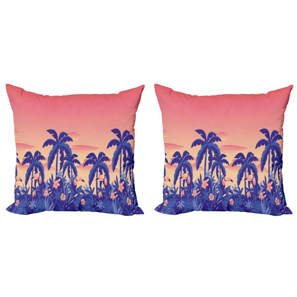Hawaii Throw Pillow Cushion Cover Pack of 2, Exotic Sunset Image with