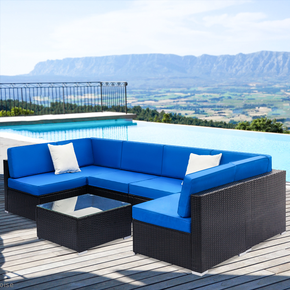 uhomepro 7-Piece Outdoor Furniture, Patio PE Rattan Wicker Sectional Sofa Set with Two Pillows, Coffee Table, All Weather Outdoor Couch, Durable Chat Set for Porch Poolside Balcony, Dark Blue, Q9891 - image 2 of 13
