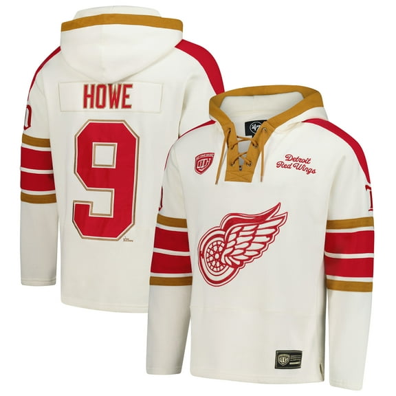 Men's-'47 Gordie Howe Cream Detroit Red Wings Blue Line Heritage Name & Number Lace-Up Pullover Hoodie