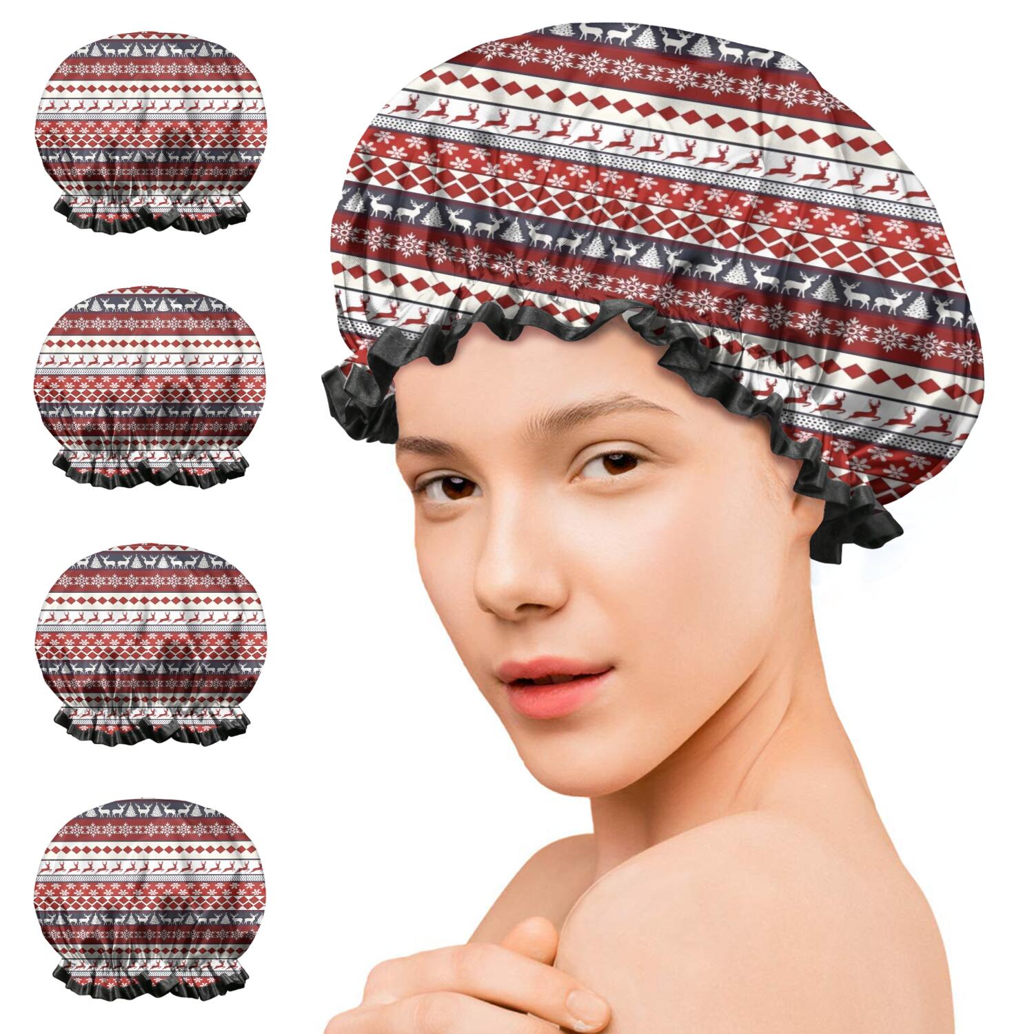 Shower Caps,Red Christmas Deer and Snowflake Pattern Waterproof Shower Cap for Women 4 Pieces,Double Reusable Hair Cover for Shower PEVA Elastic Stretch Hem