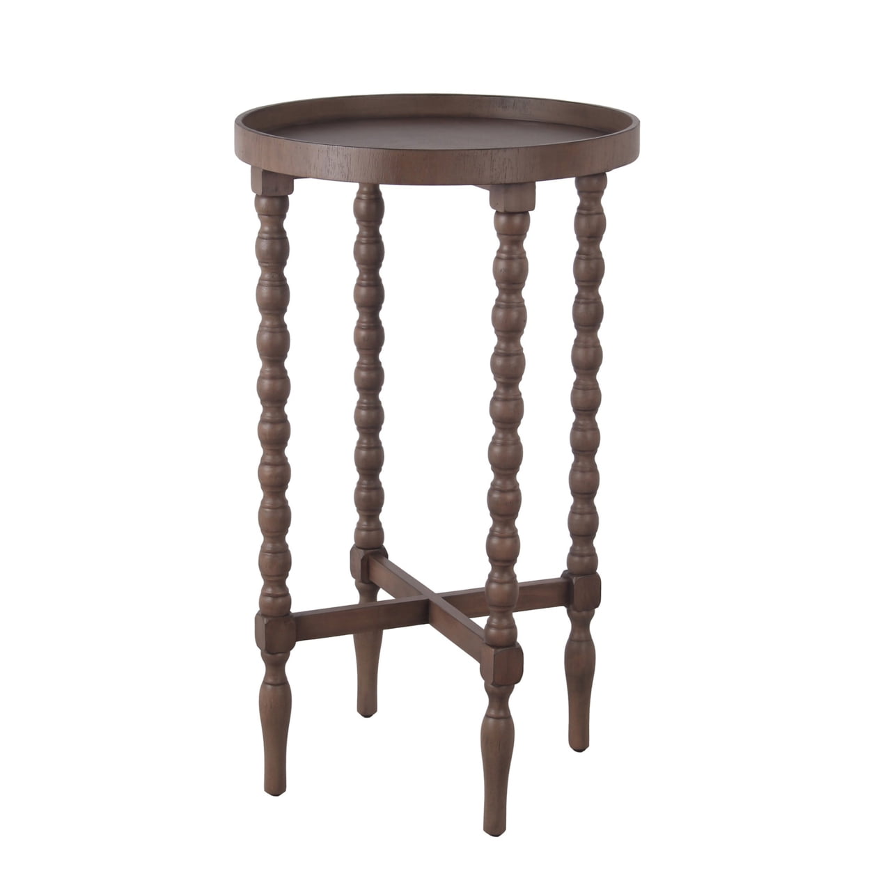 Wooden Round Accent Table with Tray Top and Beaded Turned Legs, Brown