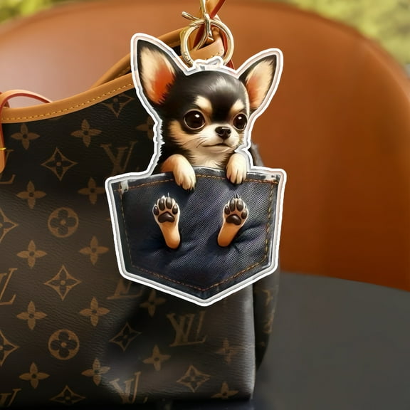 Chihuahua Acrylic Car Charm - 2D Flat Hanging Decor for Mirrors & Keys, Cute Pocket-Sized Gift (Adorable Dog Design)