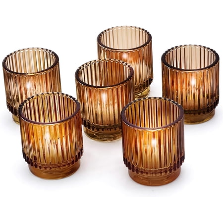 Vintage Glass Tealight & Amber Votive Candle Holders (Set of 6) Rustic Fluted Candle Holder Set Boho Home Decor Wedding Table Centerpieces Farmhouse Kitchen Table Decor