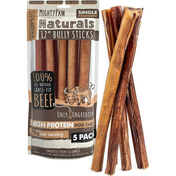 Mighty Paw Naturals Bully Sticks, All-Natural Protein Dog Treats for Dental Health, Large Dogs (12" Thick, 5 Pack)