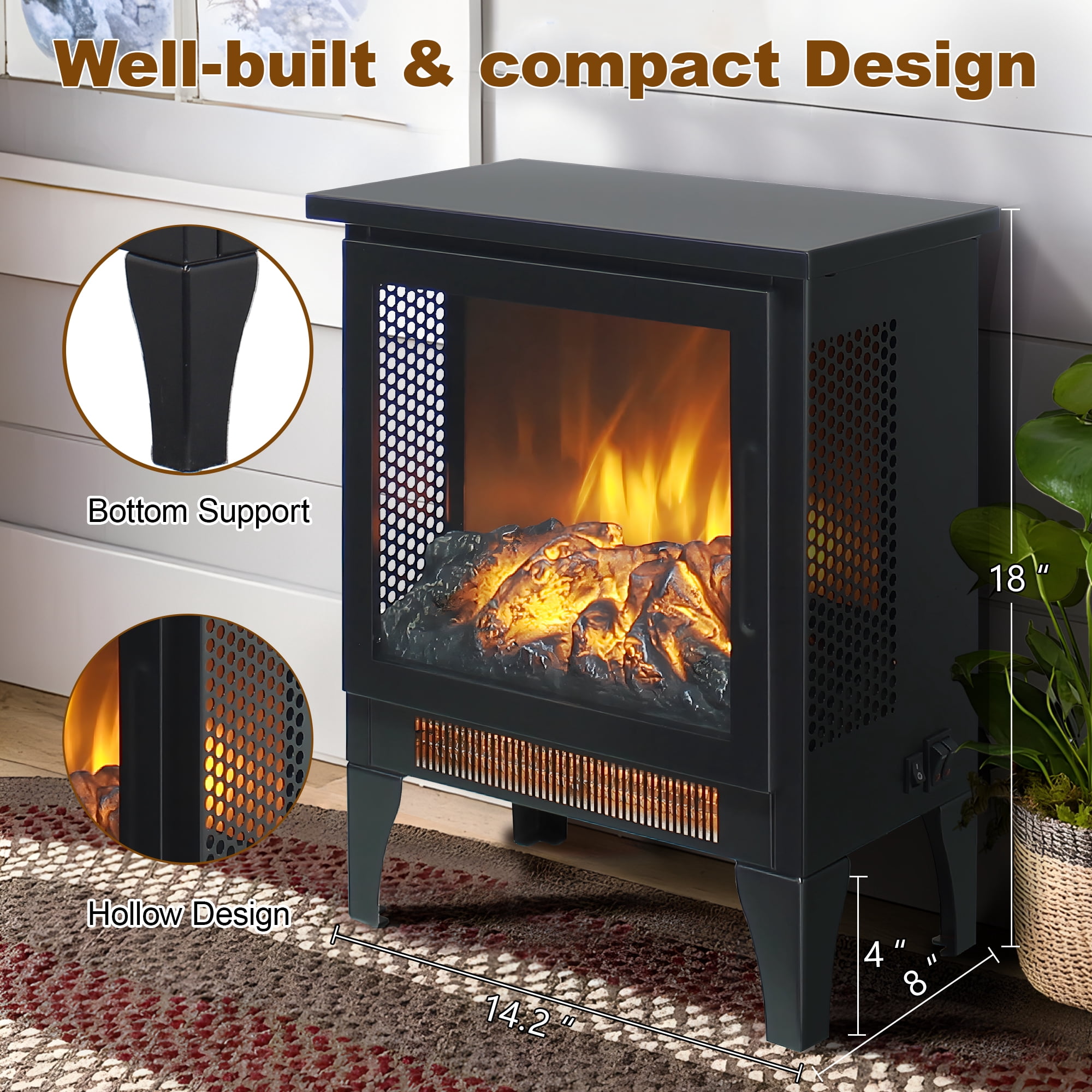 Electric Fireplace Heater for Inside, 1400w Portable Freestanding Stove Heater for Indoor Small Space Use, Space Heater Adjustable Overheat Protection Virtual Flame