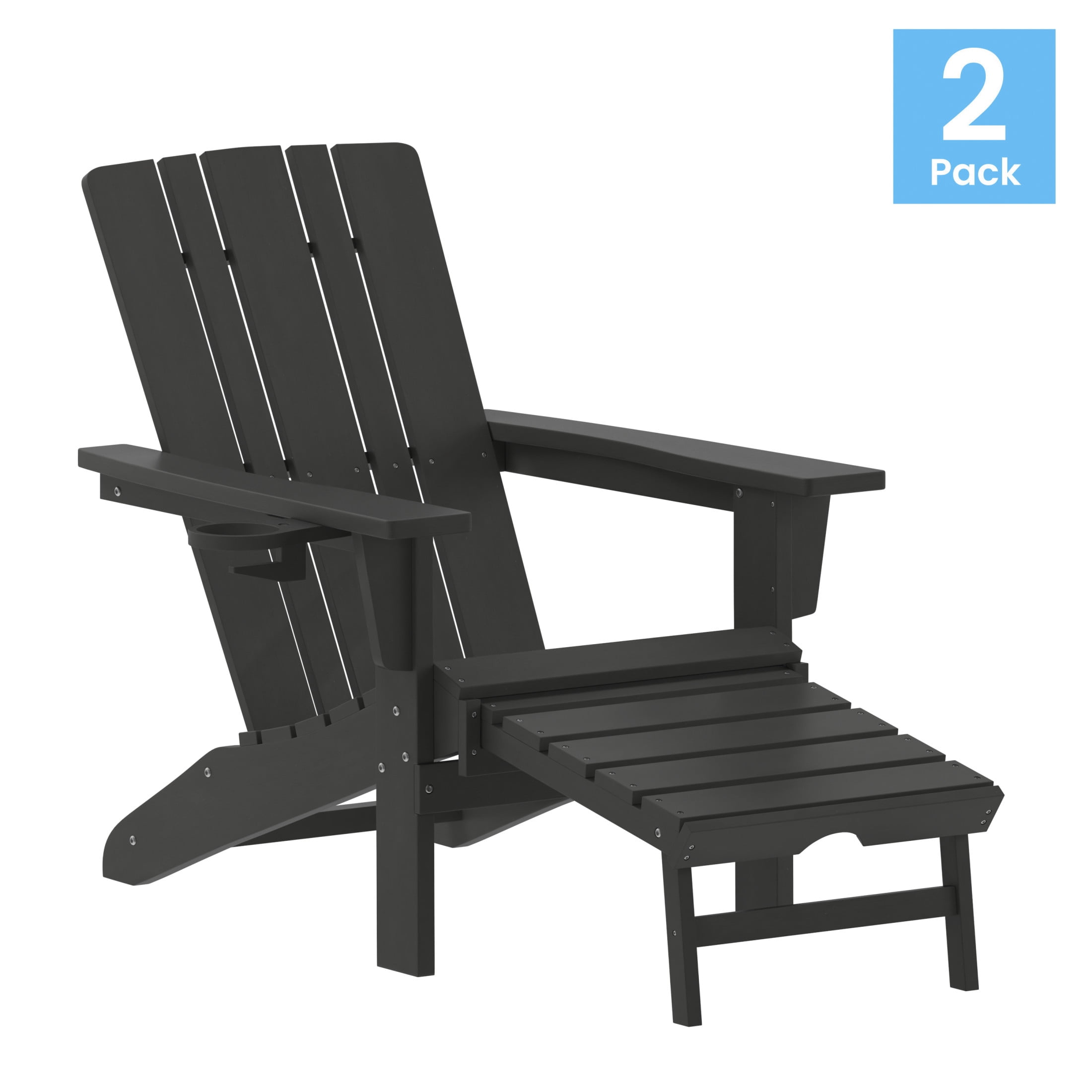 Flash Furniture Halifax HDPE Adirondack Chair with Cup Holder and Pull Out Ottoman, All-Weather HDPE Indoor/Outdoor Lounge Chair in Black, Set of 2