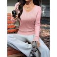 thumbnail image 2 of Women Long Sleeve Cable Knit Sweater Fall Fashion V Neck Fitted Pullover Business Casual Fall Outfits Pink S, 2 of 8