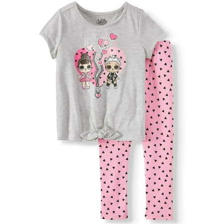 - Heart Tie-Front T-Shirt and Capri Legging, 2-Piece Outfit Set (Little Girls)