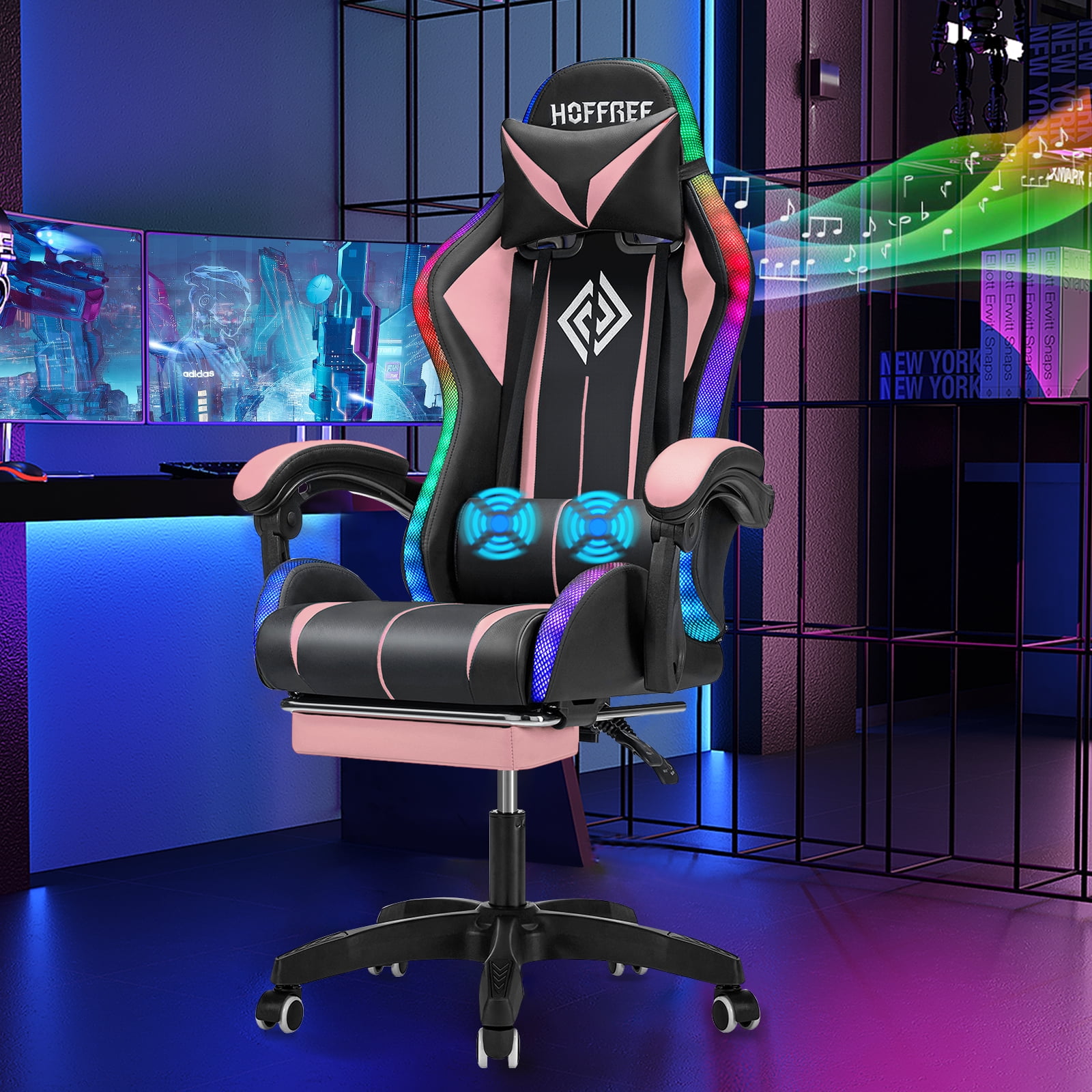 Hoffree Gaming Chair with Bluetooth Speakers and Footrest Massage Office Chair with LED Lights Ergonomic Game Chair High Back with Lumbar Support and Headrest Adjustable Swivel for Adults 300lb