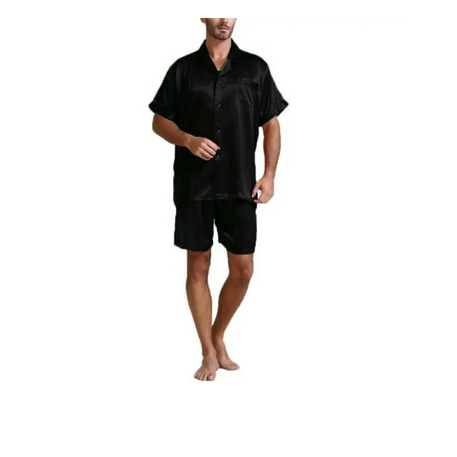 Diconna Men Stain Silk Short Sleeve Pajama Set Silk Sleepwear Black M ...